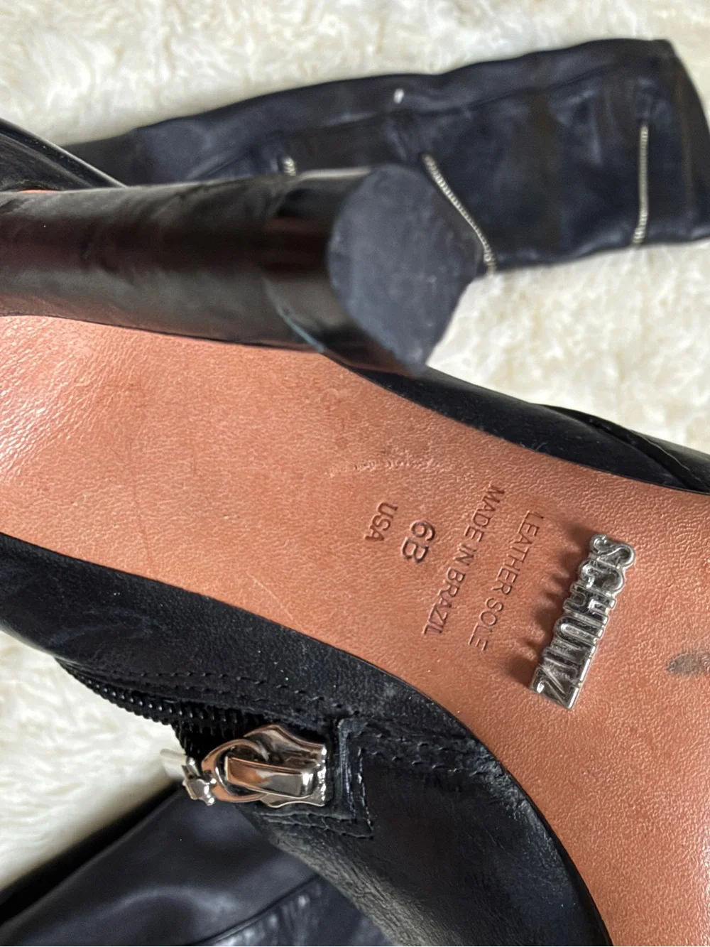 Schutz Black Leather Over-the-Knee Stiletto Boot with Zipper Accents size 6B